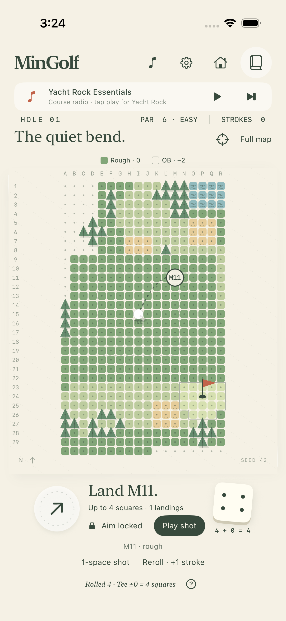 MinGolf’s paper course with a chosen landing, visible dice and a curved shot preview.