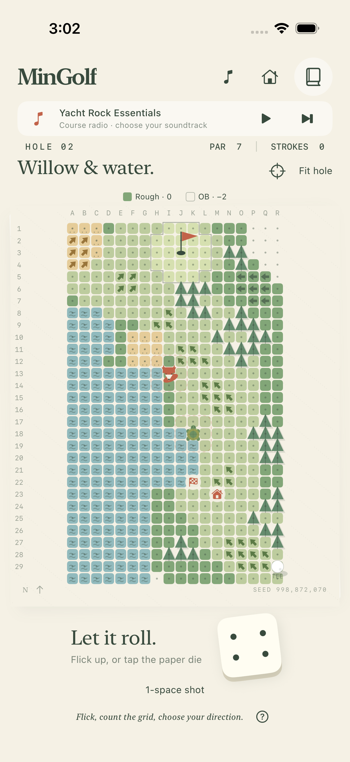 MinGolf’s Willow and water course, with a continuous lake, a fox and a turtle on a paper grid.