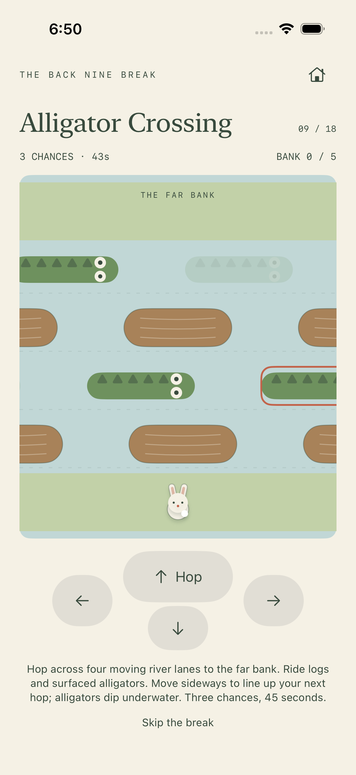 A small rabbit crosses a river on logs and alligators.