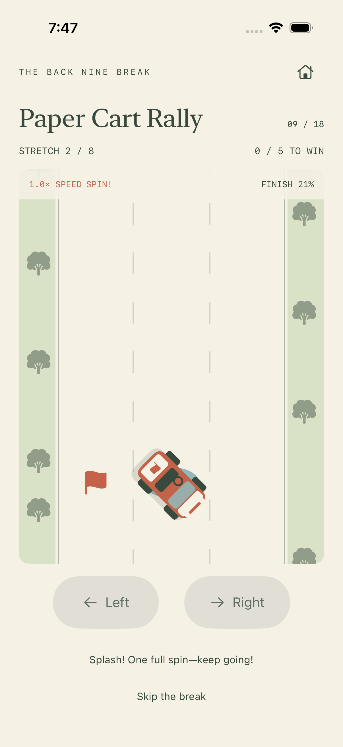 A paper golf cart spins over a puddle in Paper Cart Rally.